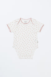Flat Lay of Avauma Petite Garden Rosegarden Short Sleeve Baby Bodysuit, Ribbed Cotton Onesie with Pink Floral Print